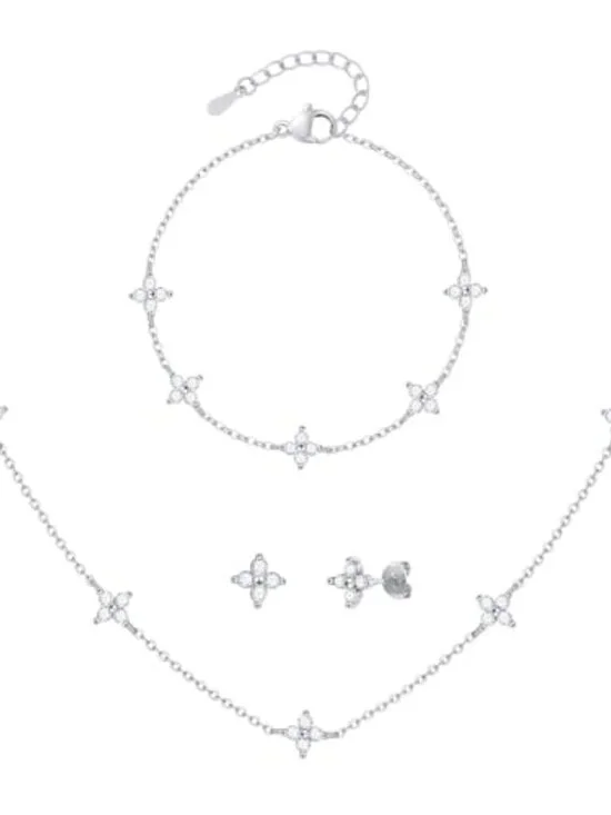 14K Silver Plated Four Leaf Bracelet Choker Necklace and Earring Jewelry Set - Picture 3 of 6